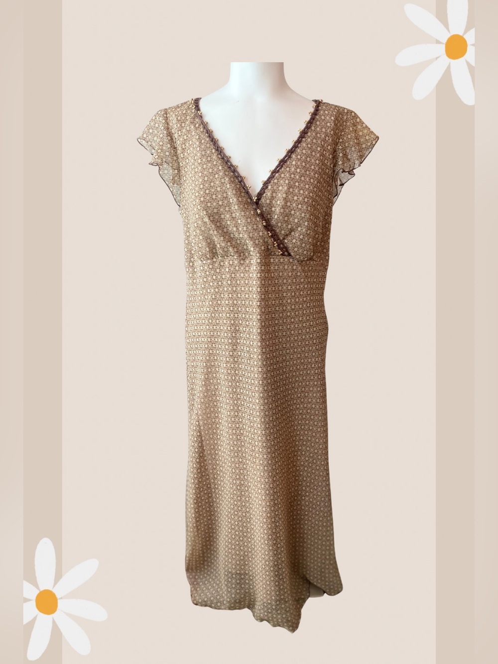 Taupe Midi Dress with Brown Beaded Trim